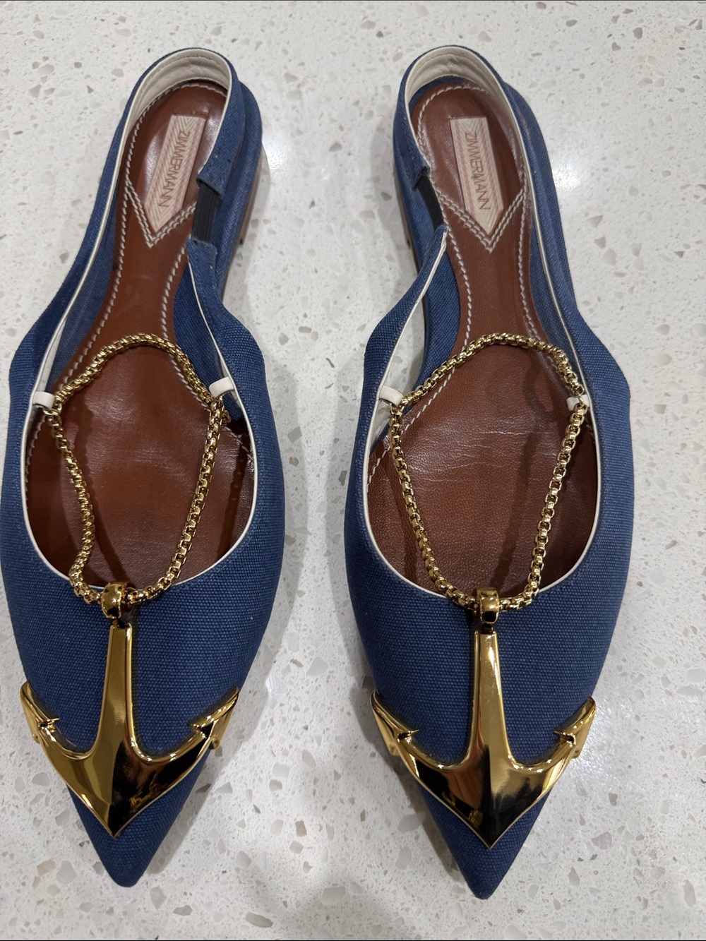 Zimmermann Navy Pointed Slingback Flats with Gold Anchor Chain
